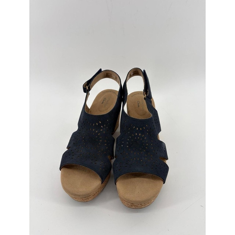 Clarks Blue Suede Wedge‎ Sandals Hook & Loop Ankle Strap Women's US 9